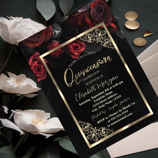 Chic Red Roses Gold Lijst Black Quinceañera Kaart