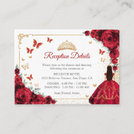 Chic Red Roses Gold Quinceanera Reception Details Informatiekaartje