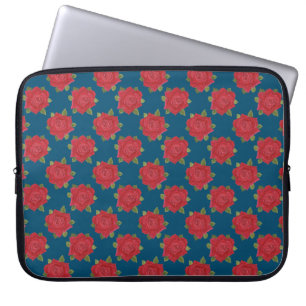 Chic Red Roses op blauwe neopreen laptophoes Laptop Sleeve