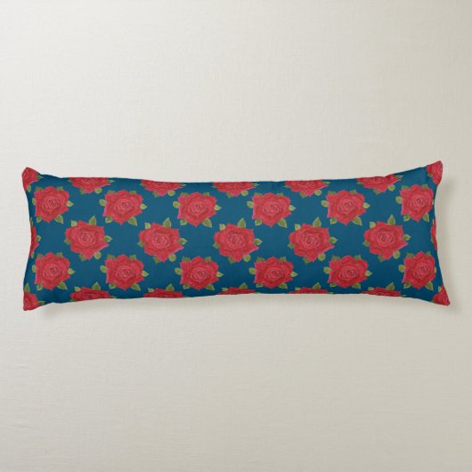 Chic Red Roses op Blue Custom Pillow Lichaamskussen (Achterkant)