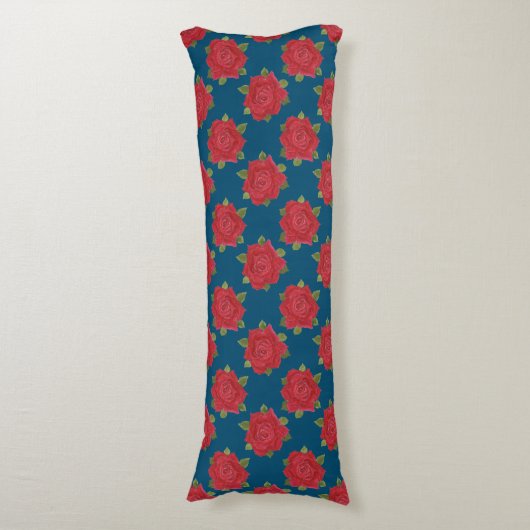 Chic Red Roses op Blue Custom Pillow Lichaamskussen (Voorkant Verticaal)
