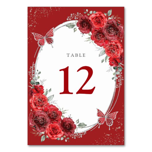Chic Red Roses Zilveren Bloemen Vlinder Quinceaner Kaart (Voorkant)
