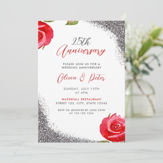 Chic Red & Silver Glitter 25e bruiloft Jubileum Kaart (Staand voorkant)