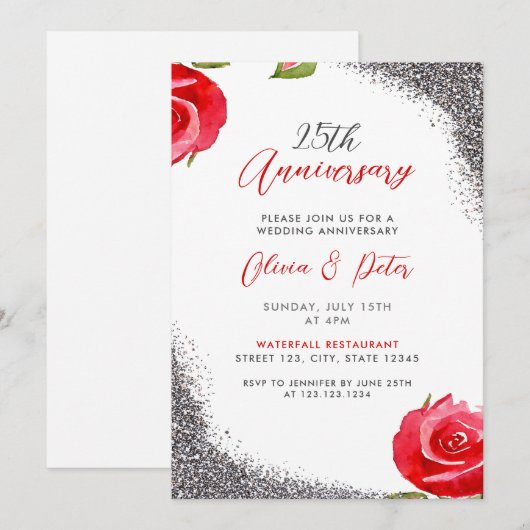 Chic Red & Silver Glitter 25e bruiloft Jubileum Kaart (Voorkant / Achterkant)