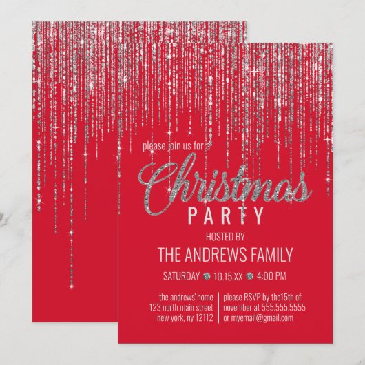 Chic Red Silver Glitter Fringe Curtain met kerstmi Kaart (Voorkant / Achterkant)