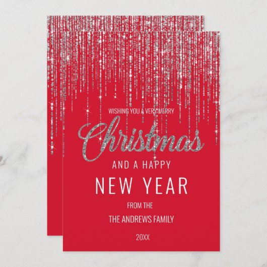 Chic Red Silver Glitter Fringe Gordijn H Feestdagenkaart (Voorkant / Achterkant)