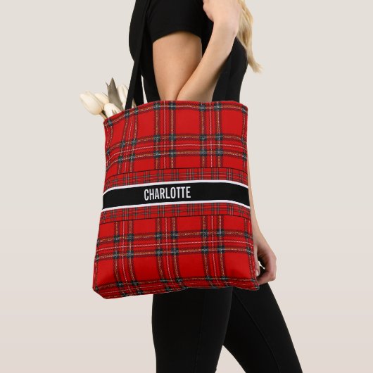 Chic red tartan plaid name tote bag (Dichtbij)