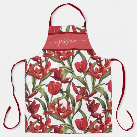 Chic red tulips script naam schort (Voorkant)