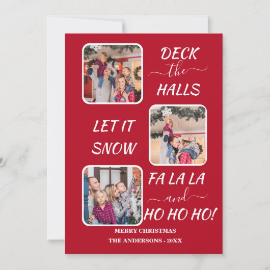 Chic Red White Fun Drie foto's Kerstvakantie Feestdagenkaart (Voorkant)