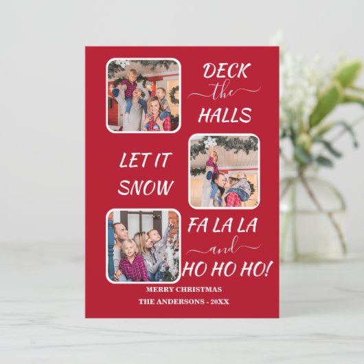 Chic Red White Fun Drie foto's Kerstvakantie Feestdagenkaart (Staand voorkant)