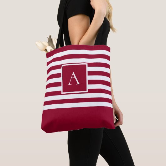 CHIC RED WHITE STRIPE Square Letter Monogram Tote Bag (Dichtbij)