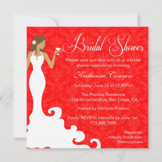 Chic Red Wine Damask Bridal Shower Invitation Kaart (Voorkant)
