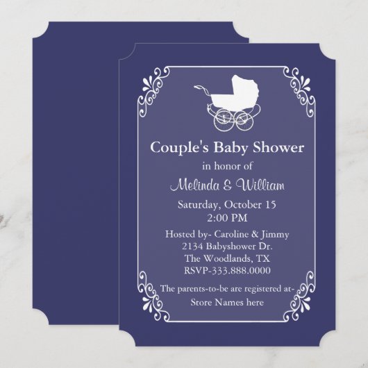 Chic Regency Blue en White Couple's Baby shower Kaart (Voorkant / Achterkant)