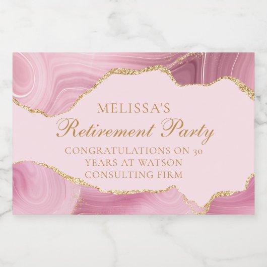Chic Retirement Party Roze Gouden Agaat Custom Min Sparkling Wijnetiket (Enkel label)