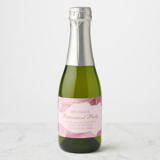 Chic Retirement Party Roze Gouden Agaat Custom Min Sparkling Wijnetiket (Voorkant)