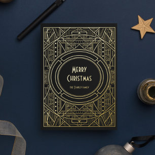 Chic Retro Art Deco Vrolijk Kerstfeest Zwart en Go Folie Feestdagenkaart