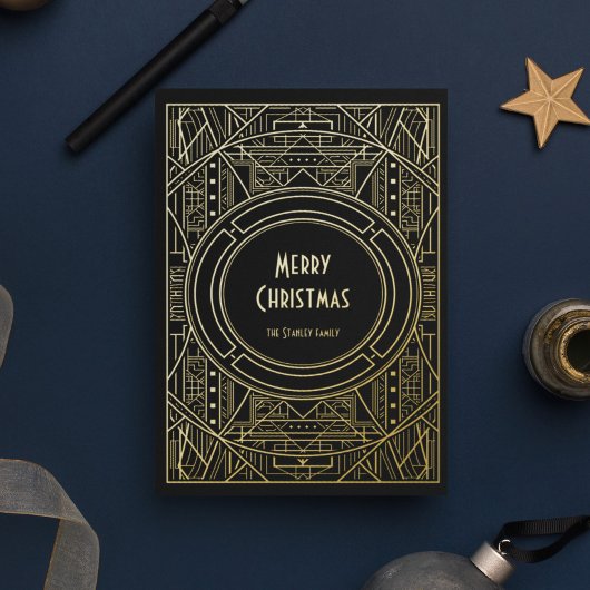 Chic Retro Art Deco Vrolijk Kerstfeest Zwart en Go Folie Feestdagenkaart