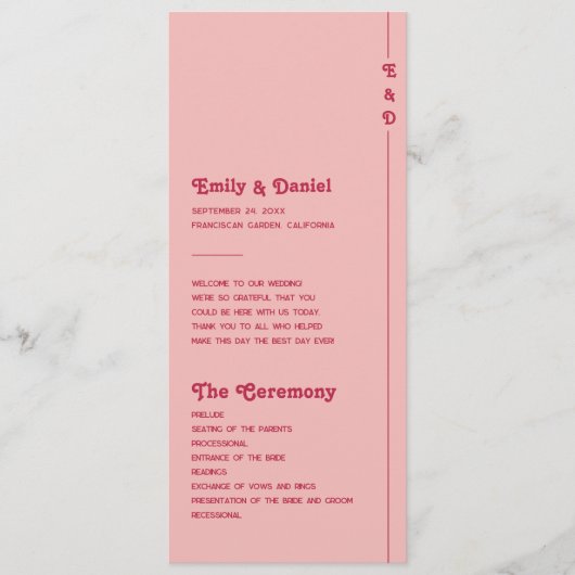 Chic Retro Blush Roze Monogram Trouwprogramma Programmakaart (Voorkant)