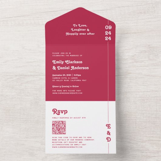 Chic Retro Bold Hot Roze Monogram QR Code Huwelijk All In One Uitnodiging (Binnen)