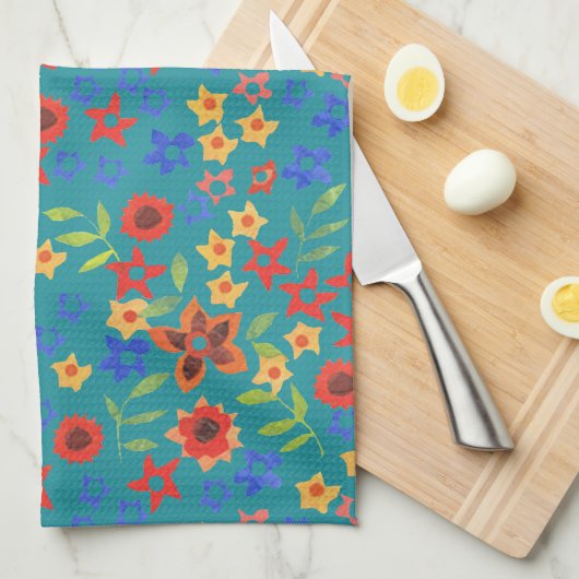 Chic Retro Floral Miniprint op Blauwgroen keukenha Theedoek (Quarter Fold)