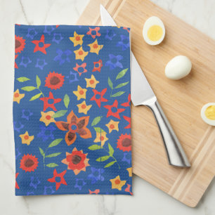 Chic Retro Floral Miniprint op Blue Kitchen Towel Theedoek