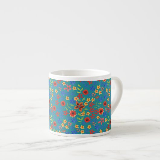 Chic Retro Floral Print op Blauwgroen Espresso Mok (Voorkant rechts)