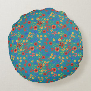 Chic Retro Floral Print op Blauwgroen rondreis Rond Kussen
