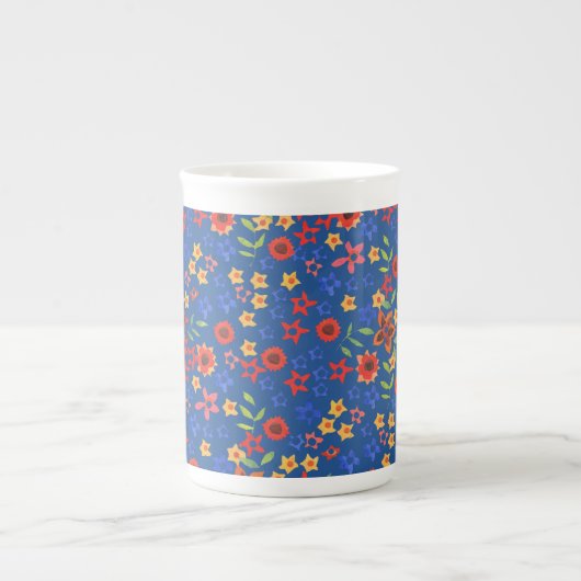 Chic Retro Floral Print op Blue Bone China Mok (Voorkant)