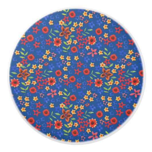 Chic Retro Floral Print op Blue Drawer Pull Knop (Voorkant)
