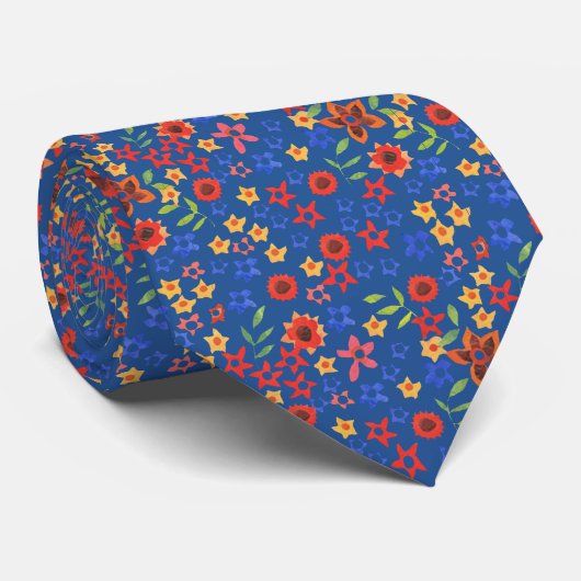 Chic Retro Floral Print op Blue Unisex Necktie Stropdas (Opgerold)