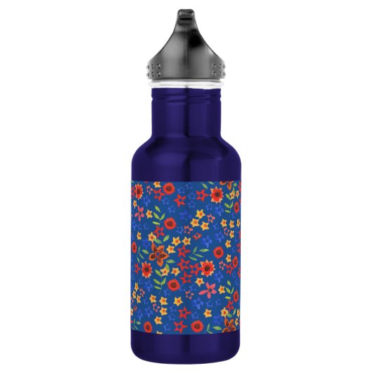 Chic Retro Floral Print op Blue Water Bottle Waterfles (Rechts)
