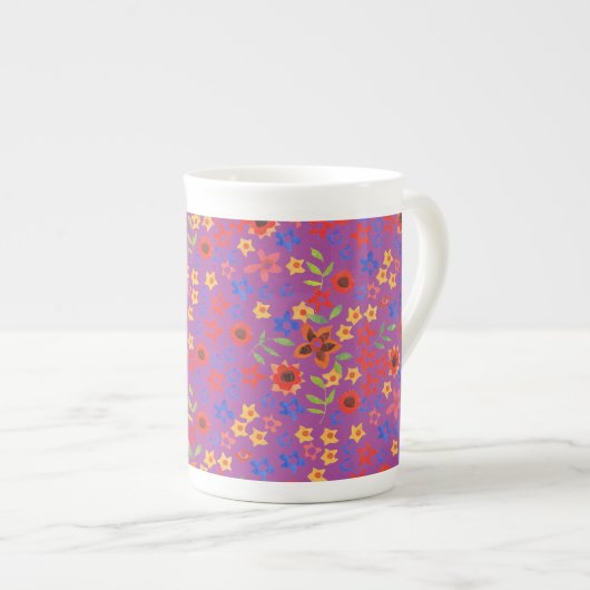 Chic Retro Floral Print op Magenta Bone China Mok (Voorkant rechts)