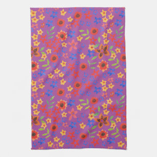 Chic Retro Floral Print op Magenta Kitchen Towel Theedoek