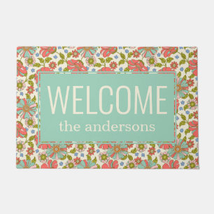 Chic Retro Pink & Aqua Floral Welkom Deurmat