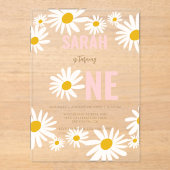 Chic Retro Pink Daisy Flower 1st Birthday Acryl Uitnodigingen (Voorkant)