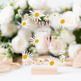 Chic Retro Pink Daisy Flower 1st Birthday Acryl Uitnodigingen