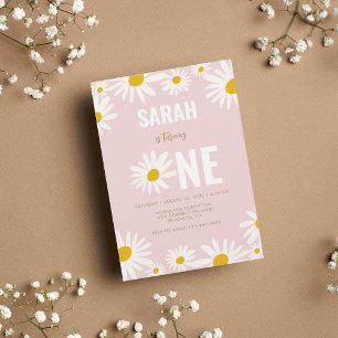 Chic Retro Pink Daisy Flower 1st Birthday Kaart