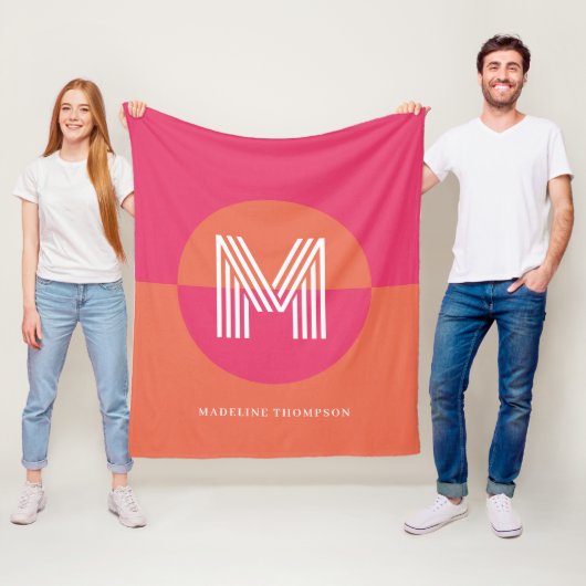 Chic Retro Pink Orange Geometric Modern Monogram Fleece Deken (In situ)