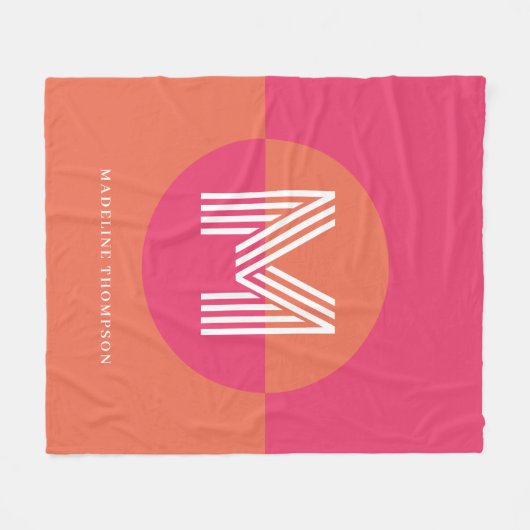 Chic Retro Pink Orange Geometric Modern Monogram Fleece Deken (Voorkant (Horizontaal))