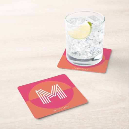 Chic Retro Pink Orange Geometric Modern Monogram Kartonnen Onderzetters (Insitu)