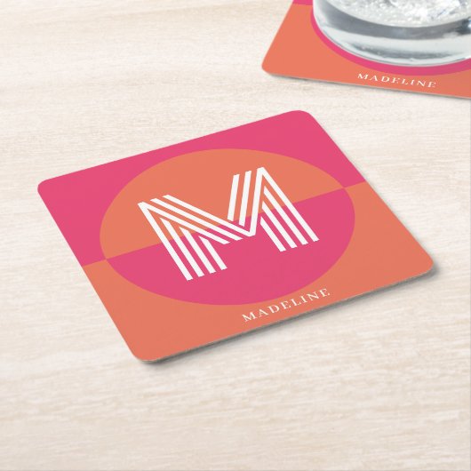 Chic Retro Pink Orange Geometric Modern Monogram Kartonnen Onderzetters (Schuin)