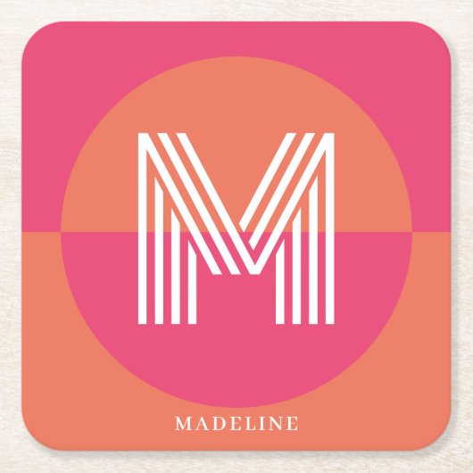 Chic Retro Pink Orange Geometric Modern Monogram Kartonnen Onderzetters (Voorkant)