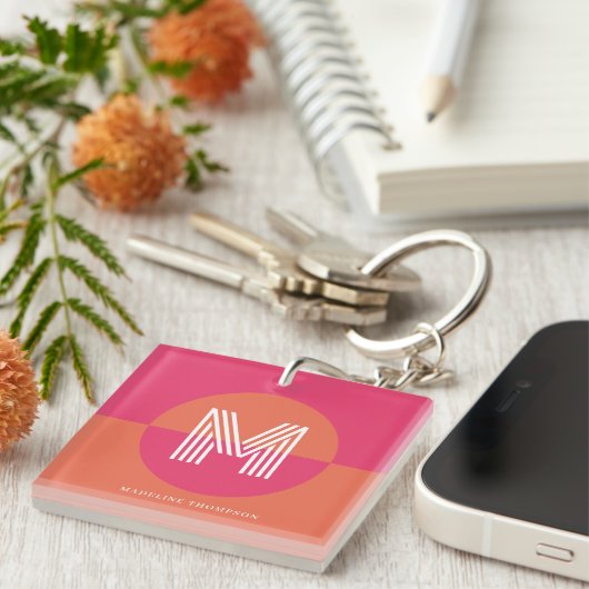 Chic Retro Pink Orange Geometric Modern Monogram Sleutelhanger (Voorkant Rechts)