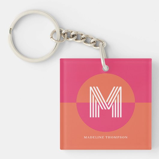 Chic Retro Pink Orange Geometric Modern Monogram Sleutelhanger (voorkant)