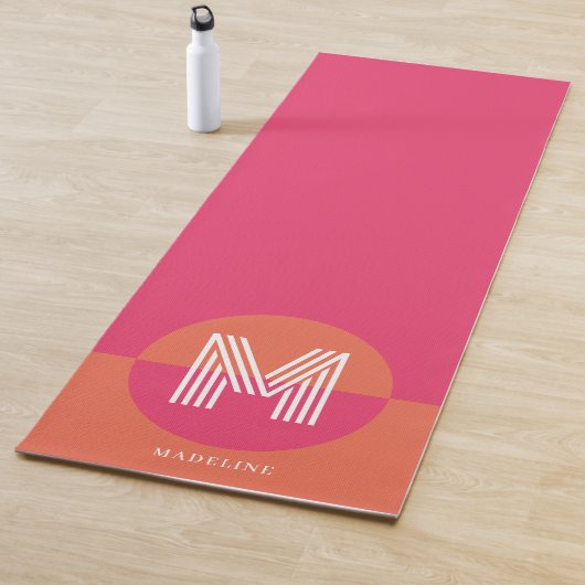 Chic Retro Pink Orange Geometric Modern Monogram Yogamat (In situ)