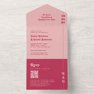 Chic Retro Roze & Blush Monogram QR Code Huwelijk All In One Uitnodiging