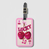 Chic Retro Roze Glitter Geluks Kers Bagagelabel (Voorkant (verticaal))