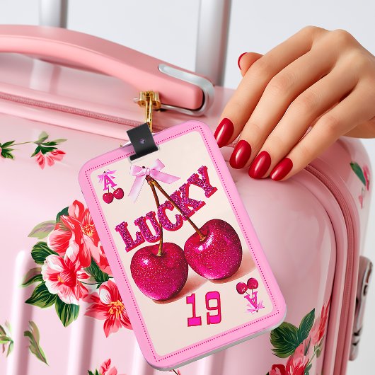 Chic Retro Roze Glitter Geluks Kers Bagagelabel