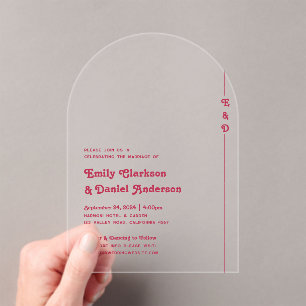 Chic Retro Zomer Helder Hot Roze Monogram Huwelijk Acryl Uitnodigingen