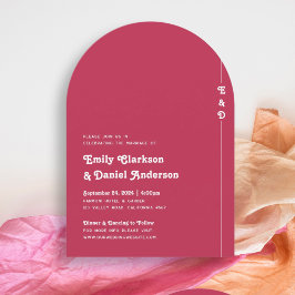 Chic Retro Zomer Helder Hot Roze Monogram Huwelijk Kaart